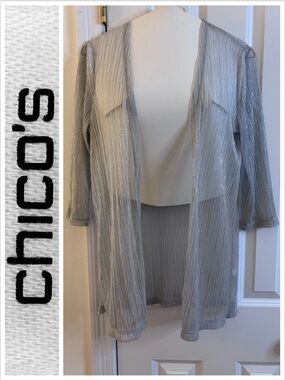 Chico's 1 Cardigan Silver Sheer Open-Front Overpiece cover-up ribbed S (8/10)